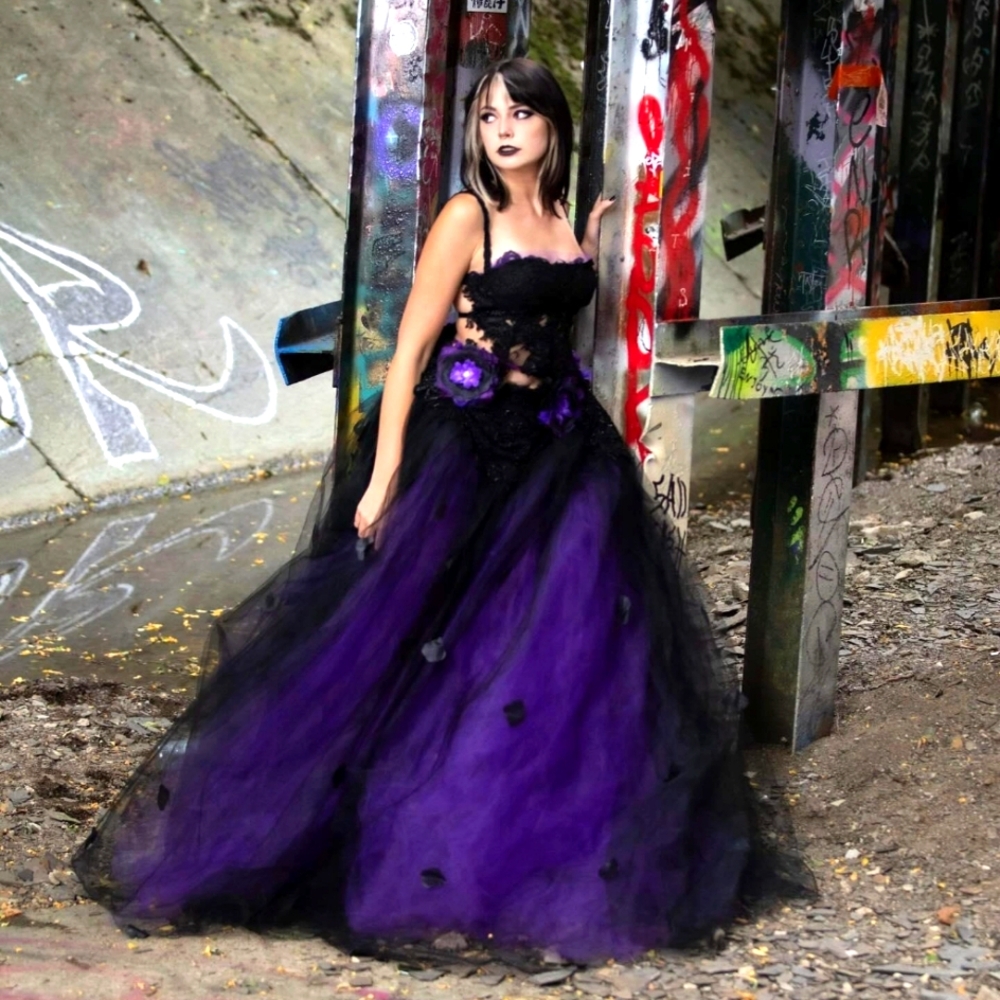 "LADY ANA" Custom Order Black & Purple Rose Petal Tulle Wedding Ballgown Set - Picture 10 of 13